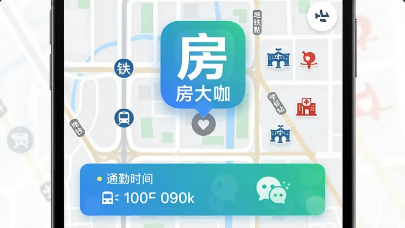 房大咖周边配套地图界面,显示“房大咖”应用图标悬浮在地图上方,地图上标注地铁站、学校、医院图标,底部卡片显示通勤时间,简洁现代风格,蓝绿配色,画面干净,高清晰度