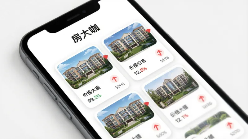 房大咖关注列表界面手机样机展示,屏幕显示多个小区卡片和价格变动红色小箭头,顶部“房大咖”标题,白色背景,卡片圆角设计,扁平风格,干净无杂乱元素
