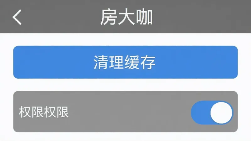 房大咖应用设置界面截图风格插画,显示清理缓存按钮和权限开关,顶部“房大咖”标题,灰色和蓝色搭配,界面简洁,扁平化设计,干净无多余元素