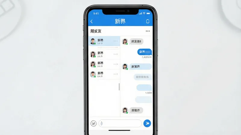 一张展示手机聊天软件界面的图片,画面中央是手机屏幕,屏幕内显示名为“新界”的聊天应用主界面,界面设计简洁,以蓝白色调为主,顶部有“新界”文字标识,中间是好友列表和聊天对话框,底部有输入框和发送按钮,整体布局清晰,风格现代扁平,画质干净,无多余元素