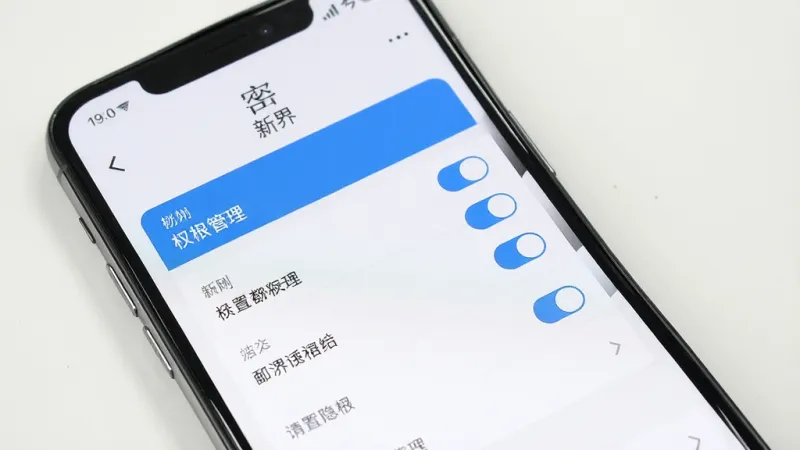 一张展示手机安全隐私设置界面的图片,画面中手机屏幕显示“新界”应用的权限管理页面,页面内有权限开关列表,界面风格简洁,以白色和蓝色为主,布局清晰,画质干净,无多余元素