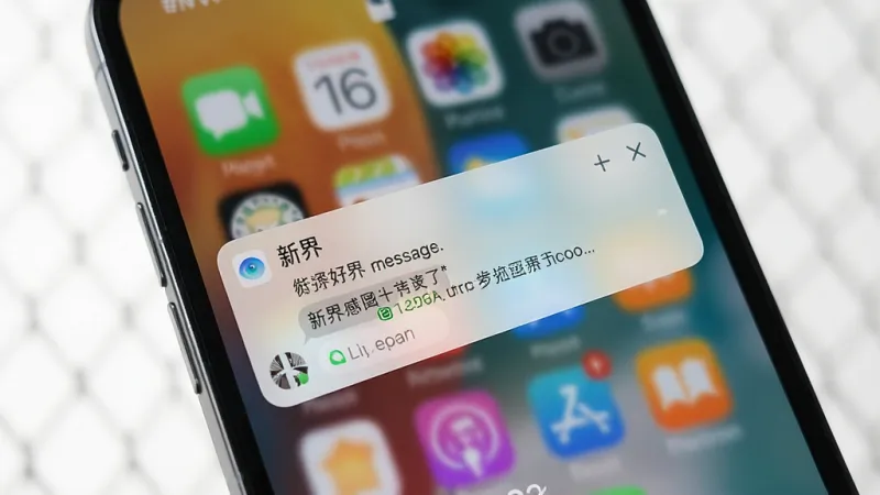 一张展示手机消息通知界面的图片,画面中手机锁屏界面显示“新界”应用的消息通知弹窗,通知内容为好友发来的聊天消息,界面简洁,风格现代,画质清晰,无多余元素