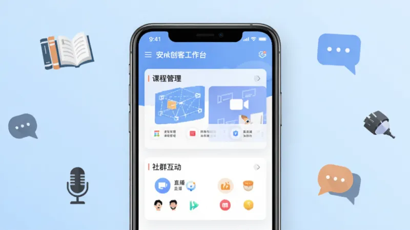 安克创客空间软件主界面全貌展示,画面中央是手机屏幕,屏幕里显示着创客工作台,有课程管理、直播、社群互动几个模块,背景是浅蓝色渐变,周围点缀着书本、麦克风、对话气泡的小图标,风格现代扁平,画质干净清晰,无多余元素