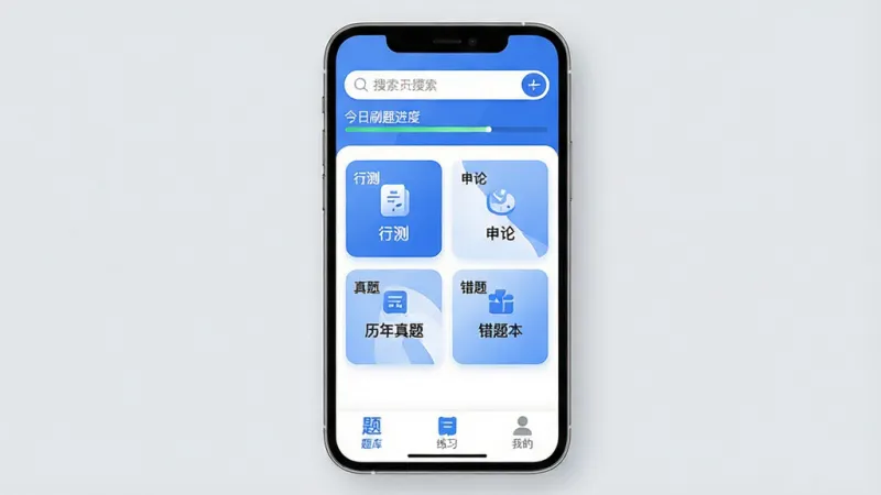 公考公务员题库应用主界面展示,画面中央是一台竖屏智能手机,手机屏幕上显示着公考公务员题库的首页,顶部有搜索框和今日刷题进度条,中间是行测、申论、历年真题、错题本四个功能卡片,底部为题库、练习、我的三个选项卡,整体布局清晰,风格简洁现代,蓝白配色,细节圆润,画质干净无多余元素,背景为浅灰色,光线柔和,主体突出