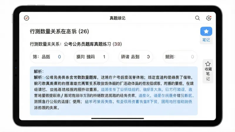 公考公务员题库真题练习界面展示,画面中央是一台横屏平板电脑,屏幕上显示着一道行测数量关系题目,题目下方有四个选项,选项下方是详细的文字解析,解析区域用淡蓝色背景突出,屏幕右侧有收藏和笔记按钮,界面风格清爽,文字清晰可辨,主体突出,背景为纯色,画质干净无多余元素