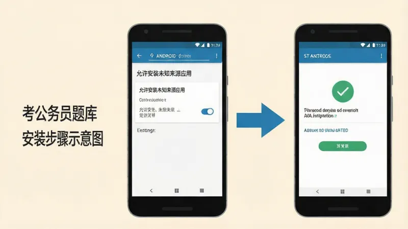 公考公务员题库安装步骤示意图,画面中央是一部智能手机,屏幕上显示着安卓系统的“允许安装未知来源应用”设置界面,界面中有明确的开关按钮和提示文字,手机旁边有箭头指向下一步的安装确认页面,整体风格为扁平化教学插图,配色简洁,主体突出,背景为浅色,画质干净无多余元素