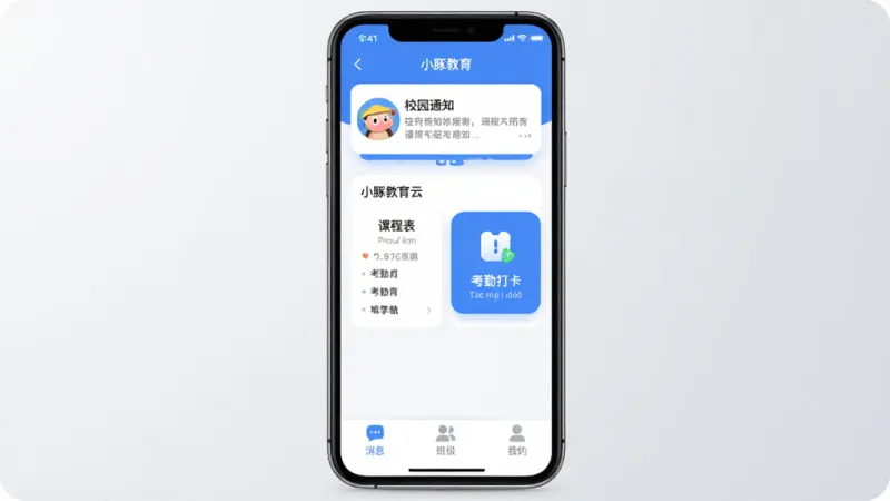 小豚教育云App首页界面全貌展示,画面中央是手机屏幕,屏幕内显示小豚教育云主界面,顶部有校园通知卡片,中间是课程表和考勤打卡入口,底部是消息、班级、我的三个选项卡,界面以蓝色和白色为主色调,风格现代扁平,图标圆润,画质干净清晰无多余元素,背景为浅灰色渐变,突出手机屏幕主体,整体排版简洁清爽
