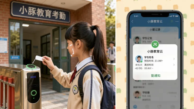 小豚教育云考勤打卡功能展示,画面左侧是校门口学生刷脸进校的场景,右侧是家长手机屏幕显示考勤通知弹窗,手机屏幕上清晰可见小豚教育云App的考勤记录页面,包含学生姓名、到校时间、离校时间等信息,画面风格写实明亮,色彩温暖,画质干净,无多余元素