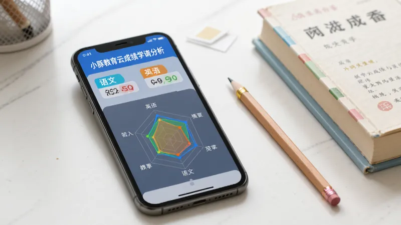 小豚教育云成绩查询与学情分析界面,画面中手机屏幕显示成绩单页面,包含语文数学英语等科目分数和雷达图,图表颜色鲜明,数据清晰,手机旁边有铅笔和书本作为点缀,背景为书桌场景,光线柔和,画质干净,风格清新,无多余元素