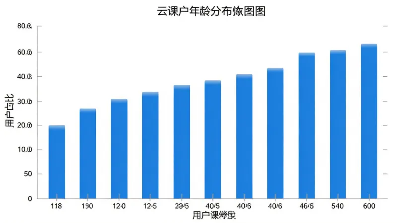 云课学堂 用户年龄分布柱状图 横轴18-60岁年龄段 纵轴用户占比 蓝色柱形 白色背景 数据清晰 简洁图表风格 高清画质