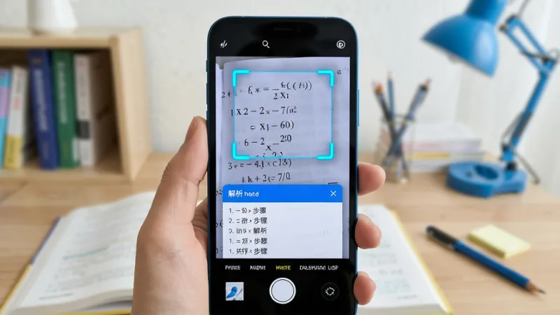 作业题搜免费 拍照搜题功能演示 手机摄像头对准数学试卷 屏幕上有识别框 下方弹出解析步骤 蓝白色调 科技感 扁平化 学习场景 高清画质 干净无多余元素