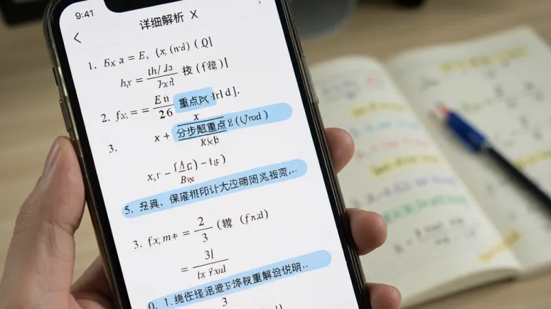 作业题搜免费 详细解析页面 手机屏幕显示数学题分步解答 每一步有公式和文字说明 重点步骤用蓝色标注 页面布局清晰 文字排版整齐 学习工具类APP 高清画质 无多余元素