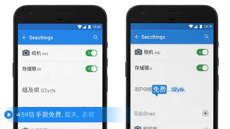 作业题搜免费 手机权限设置界面 展示相机和存储权限开启状态 安卓系统设置页面 蓝色高亮 提示用户操作 扁平化 干净清晰 无多余元素