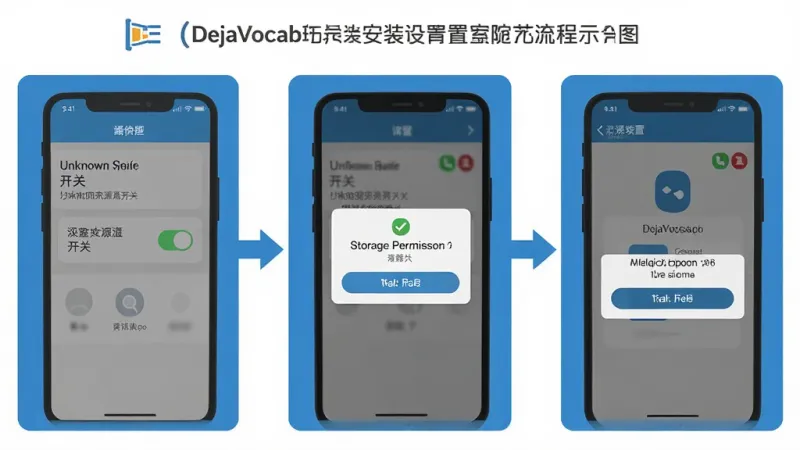 一张展示DejaVocab安装设置流程的示意图,画面分为三个步骤面板,第一步显示手机设置中的未知来源开关,第二步显示存储权限弹窗,第三步显示单词导入界面,每个步骤都有简洁的图标和箭头连接,风格扁平化信息图,色调以蓝白灰为主,细节清晰,画质干净无多余元素