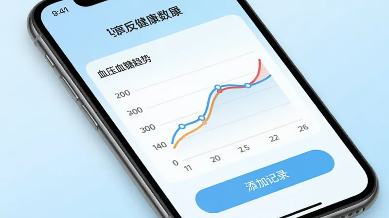 常护亲驿站健康数据记录界面展示,手机屏幕显示血压血糖趋势折线图,旁边有添加记录按钮,背景是浅蓝色渐变,界面风格简洁现代,图表清晰,文字标注明确,画质干净无杂乱元素