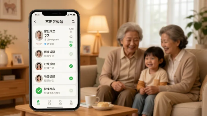 常护亲驿站远程关注功能界面展示,手机屏幕显示家庭成员列表和健康状态摘要,有绿色对勾表示已完成提醒,背景是暖色调家庭场景,风格亲切自然,布局清晰,画质干净
