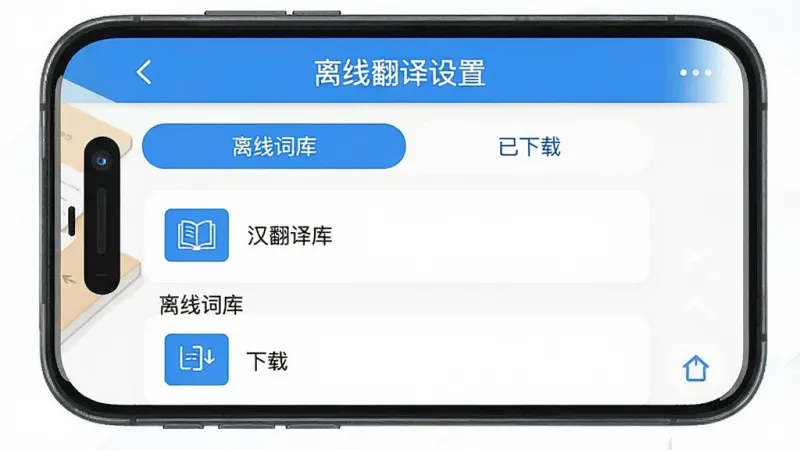 一张手机应用界面截图,展示英汉翻译官App的离线翻译设置页面,页面上有“离线词库”和“已下载”的标签,下方有语言包列表,界面以蓝色和白色为主,风格现代扁平,画质干净,无多余元素