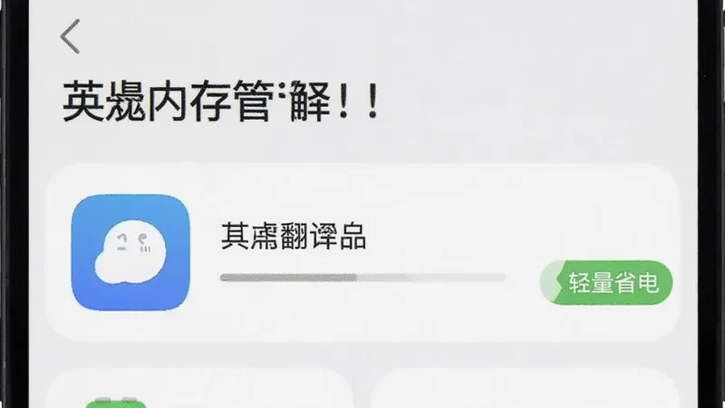 一张手机内存管理界面截图,显示英汉翻译官App占用存储空间极小,旁边有“轻量省电”的标签,界面简洁,风格清爽,画质清晰,无多余元素