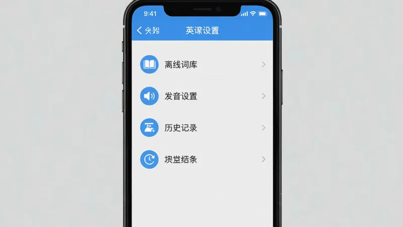 一张手机屏幕截图,展示英汉翻译官App的设置页面,页面上有“离线词库”、“发音设置”、“历史记录”等选项,界面布局清晰,以蓝色图标为主,风格简洁,画质干净,无多余元素