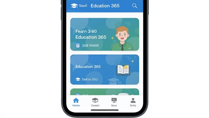 Education 365 应用主界面全貌展示,主体为一部智能手机屏幕,布局从上到下依次是顶部欢迎栏、中间课程卡片列表、底部导航菜单,排版简洁清晰,风格现代扁平化,细节圆润,画质干净无多余元素,画面中带有 Education 365 文字标识