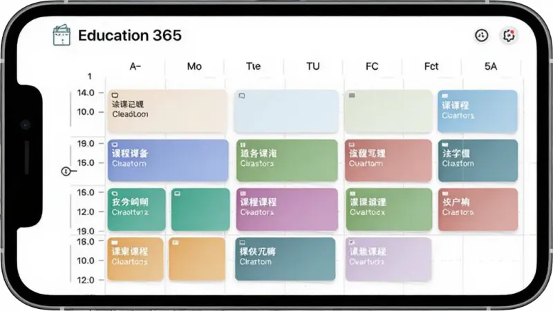 Education 365 课程表管理界面,主体为手机屏幕显示一周课程网格,布局为横向星期栏加纵向时间轴,课程卡片用不同颜色区分,排版整齐,风格清爽简约,细节包含课程名称和教室信息,画质干净无多余元素