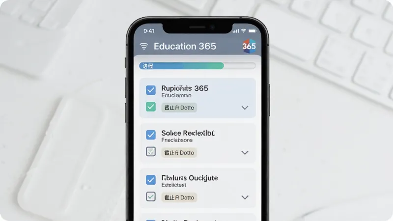 Education 365 学习任务跟踪界面,主体为手机屏幕显示任务列表,布局为顶部进度条加下方任务卡片,排版清晰,风格现代扁平,细节包含勾选框和截止日期标签,画质干净无多余元素