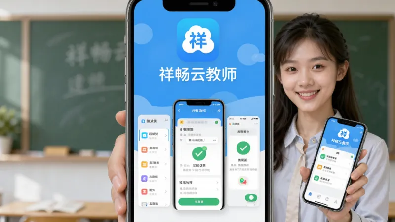 手机屏幕中央显示“祥畅云教师”应用界面,主体是一位年轻教师手持手机微笑,布局为竖版海报,排版上方是应用图标和名称,中间是功能截图展示,风格为清新扁平化教育风,细节包含班级列表、通知图标、绿色对勾,画质高清干净无多余元素