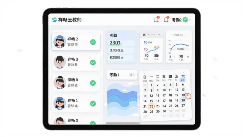 一张AI生图,画面主体是“祥畅云教师”班级管理界面,布局为平板电脑横屏展示,排版左侧是学生头像列表右侧是考勤统计图表,风格为现代办公扁平插画,细节包含绿色打勾图标、数字统计卡片、日历标记,画质高清干净无多余元素
