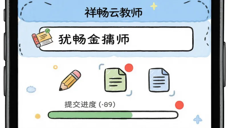 一张AI生图,画面主体是“祥畅云教师”作业布置界面,布局为手机竖屏特写,排版上方是作业标题输入框中间是附件图标下方是提交进度条,风格为卡通手绘教育风,细节包含铅笔图标、文档图标、红色提醒圆点,画质高清干净无多余元素
