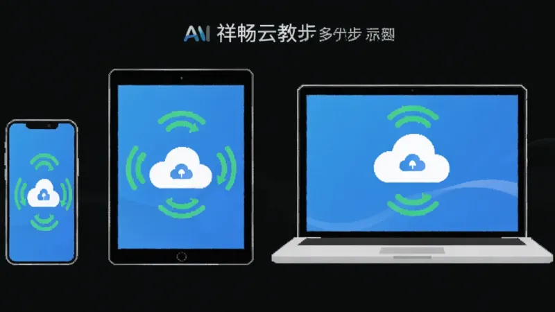 一张AI生图,画面主体是“祥畅云教师”多端同步示意图,布局为三台设备并排展示,排版从左到右依次是手机平板笔记本电脑,风格为科技简约扁平风,细节包含云朵图标、同步箭头、绿色信号波纹,画质高清干净无多余元素
