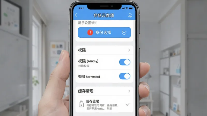 一张AI生图,画面主体是“祥畅云教师”新手设置界面,布局为手机竖屏截图风格,排版从上到下依次是身份选择按钮、权限开关列表、缓存清理选项,风格为清爽工具类UI设计,细节包含红色警示感叹号、蓝色对勾、灰色说明文字,画质高清干净无多余元素