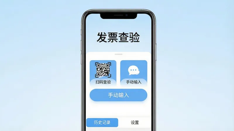 一张展示手机屏幕上运行着发票查验APP的界面截图,画面中央是手机,屏幕显示发票查验APP的首页,顶部有“发票查验”四个大字,中间是扫码查验和手动输入两个大按钮,底部有历史记录和设置选项卡,背景是淡蓝色渐变,风格简洁清新,画质干净清晰,无多余元素