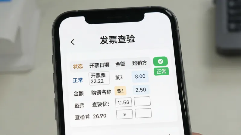 一张手机屏幕展示发票查验结果页面的图片,页面上有“发票查验”标题,下方表格列出查验状态、开票日期、金额、购销方名称等信息,状态栏显示“正常”,背景是白色卡片式布局,风格现代扁平,画质干净,无多余元素