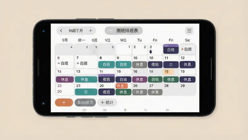 一张展示倒班排班表软件核心界面的手机样机图,主体为一部安卓手机,屏幕内显示清晰的月历视图,日期格子里用不同颜色标注了白班、夜班和休息,布局简洁,顶部有月份切换按钮,底部有添加班次和统计按钮,风格现代扁平化,细节圆润,画质干净,无多余元素,背景为纯色,突出软件名称倒班排班表