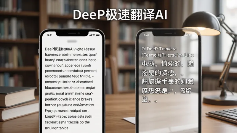 一张展示 DeeP极速翻译AI 智能翻译效果的图片,画面中手机屏幕左侧是英文段落,右侧是流畅的中文翻译结果,屏幕上方有“DeeP极速翻译AI”字样,背景是图书馆或办公桌场景,风格写实,光线柔和,画质干净,无多余元素。