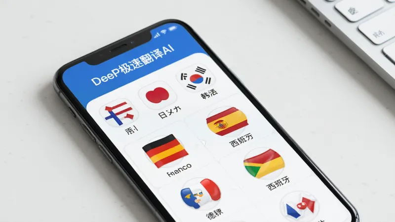 一张展示 DeeP极速翻译AI 多语言支持界面的图片,画面中手机屏幕显示语言选择列表,包含英语、日语、韩语、法语、德语、西班牙语等多国语言图标,屏幕顶部有“DeeP极速翻译AI”字样,背景是简洁的浅色桌面,风格现代,画质清晰,无多余元素。