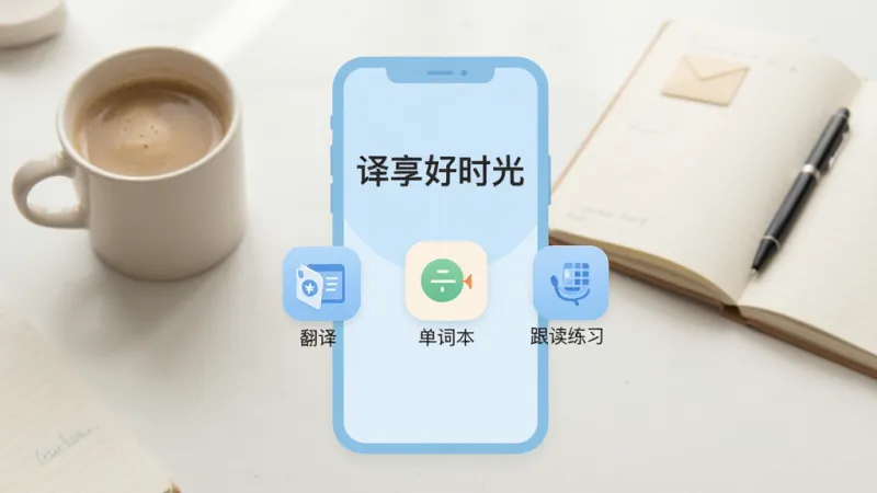 画面中央是一个简洁的浅蓝色手机界面,界面主标题写着“译享好时光”,下方排列着翻译、单词本、跟读练习三个圆角图标按钮。背景是柔和的书桌场景,旁边放着一杯咖啡和一本翻开的笔记本。整体风格清新扁平,布局居中对称,画质干净无多余元素,文字清晰可辨。