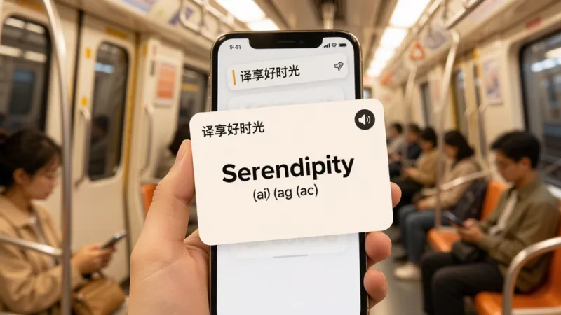 画面中一只手拿着手机,屏幕上显示“译享好时光”的单词卡片界面,卡片正面写着英文单词“Serendipity”和音标,卡片角落有个小喇叭图标。背景是地铁车厢的虚化场景,色调温暖,风格简约现代,布局以卡片为视觉中心,画质干净,文字清晰,无杂乱元素。