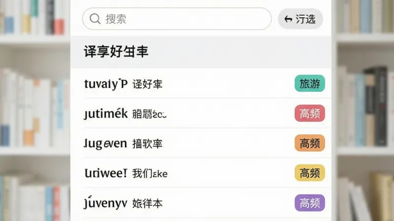 画面中展示“译享好时光”的生词本界面,列表里整齐排列着英文单词和中文释义,每个单词右侧有彩色小标签写着“旅游”“高频”等字样。界面顶部有搜索框和筛选按钮。背景是干净的书架虚化场景,风格清爽,布局条理分明,画质清晰,文字锐利无多余元素。