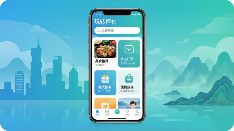 玩转怀化APP主界面全景展示,手机屏幕居中放置,屏幕内显示怀化本地生活服务首页,顶部搜索栏写着“玩转怀化”,中间卡片式布局展示美食推荐、景点门票、便民服务入口,底部导航栏清晰可见,背景为怀化城市剪影与山水元素融合,蓝绿色调为主,风格清爽现代,细节圆润,画质干净,无多余元素,适合应用商店宣传图