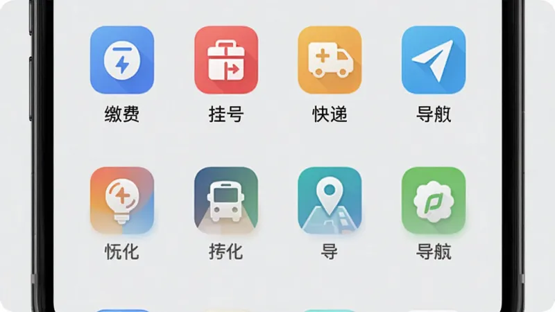 玩转怀化APP生活服务功能界面,手机屏幕中央展示服务图标矩阵,包含缴费、挂号、快递、导航等彩色图标,图标下方有中文标签,背景为浅灰色,风格简洁明快,画质干净,无多余元素