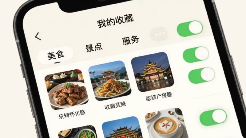 玩转怀化APP收藏与提醒界面,手机屏幕展示收藏列表,分类标签有美食、景点、服务等,右侧有开关按钮用于开启提醒,顶部有“我的收藏”文字,背景为米白色,风格简约,画质干净,无多余元素