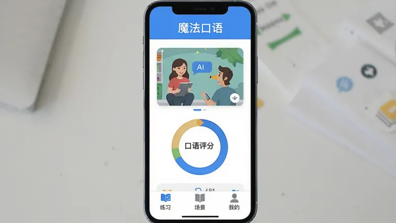 魔法口语 手机App主界面展示，顶部显示“魔法口语”应用名称，中间是AI对话场景卡片和口语评分环形图，底部有练习、场景、我的三个导航标签，蓝白配色，扁平化设计风格，界面干净整洁，画质清晰无多余元素