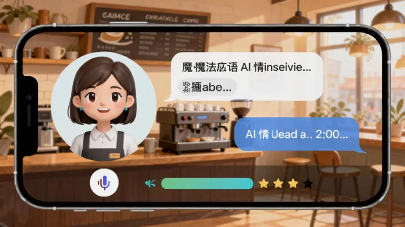 魔法口语 AI情景对话界面，手机屏幕上显示咖啡店点单场景，左侧是AI虚拟店员头像，右侧是对话气泡，底部有语音输入按钮和实时评分条，背景是温馨的咖啡店插画风格，画面明亮清晰