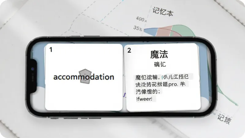 魔法口语 单词本复习界面，手机屏幕显示单词卡片翻转效果，正面是英文单词“accommodation”，背面是中文释义和例句，背景有记忆曲线图表，配色柔和，风格清新