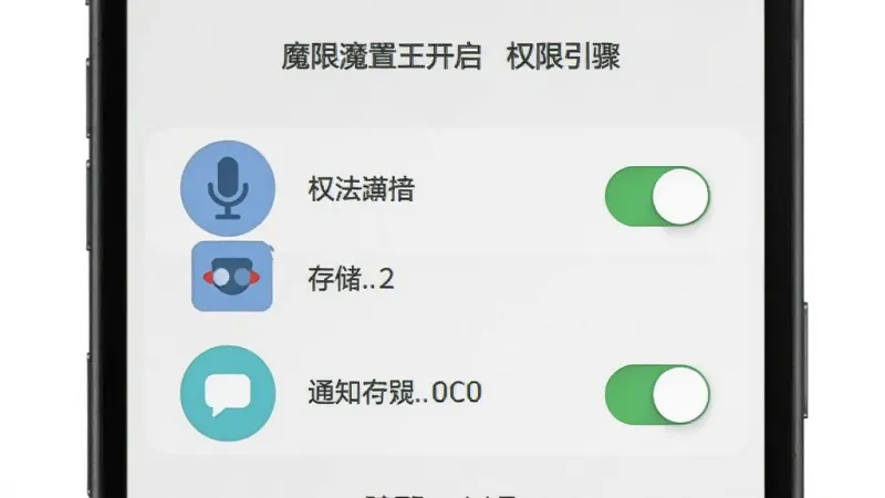 魔法口语 权限设置引导界面，手机屏幕显示权限开启步骤示意图，包含麦克风、存储、通知三个权限图标，每个图标旁边有文字说明和开关按钮，背景是浅灰色，风格简洁明了