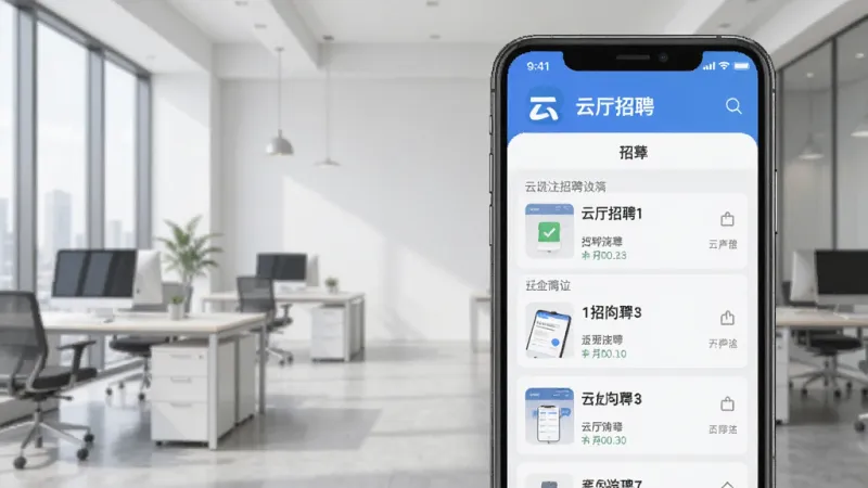 一张展示云厅招聘APP核心界面的手机屏幕截图,手机屏幕中显示云厅招聘的Logo和招聘岗位列表,背景是简洁的现代办公环境,布局清晰,风格现代扁平,画质干净,无多余元素