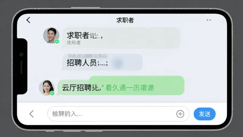 云厅招聘APP的聊天沟通界面,画面中展示求职者与招聘人员的对话气泡,聊天内容清晰,界面底部有输入框和发送按钮,背景是浅色系,风格干净利落,无多余广告元素