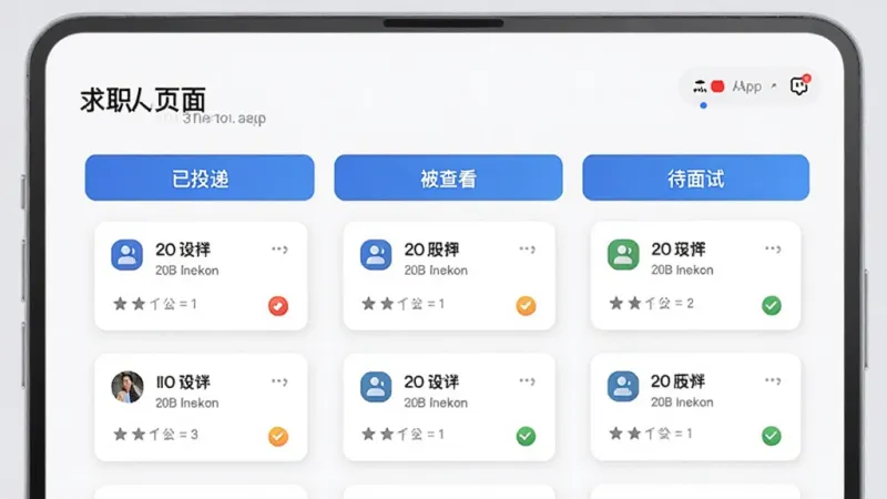 云厅招聘APP的个人中心求职进度页面,画面中展示一个看板视图,分为“已投递”、“被查看”、“待面试”等列,每个列下有小卡片代表投递的公司,界面设计现代,逻辑清晰,风格简洁高效
