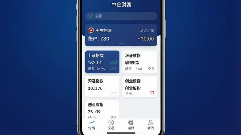 一张手机应用界面展示图,画面中央是一部现代智能手机,屏幕上显示“中金财富”App的主页,背景为深蓝色渐变,页面顶部有搜索框和账户总览,中部展示上证指数、深证成指、创业板指等主要指数卡片,底部导航栏包含行情、交易、理财、我的四个图标,整体布局清晰,风格现代简约,画质干净,无多余元素